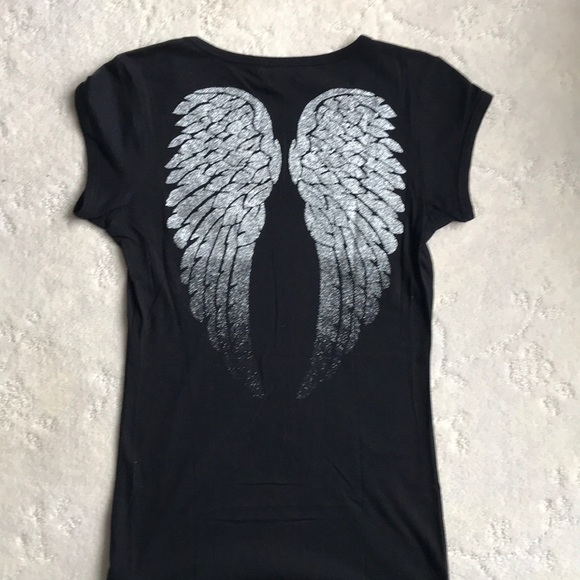 GUESS Black Short Sleeve Rhinestone Wing Tee - Picture 2 of 4